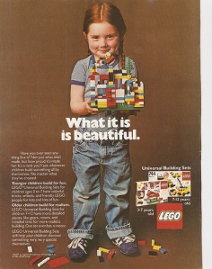 Old Lego advertisement featuring a little girl and her lego creation