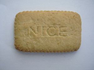 Rectangular plain biscuit with the word 'NICE' baked into it