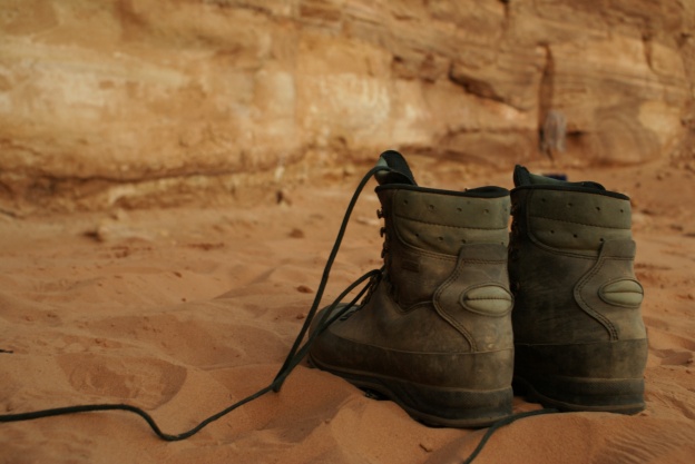 Hiking boots on sand