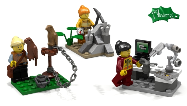 More scientist LEGO: Falconer with two birds, Geologist with compass and hammer in the field & Robotics Engineer designing a robot arm