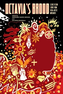 Octavia's Brood cover art: an abstract design in red and orange, showing a person in silhouette with many different symbols around them, against a black sky