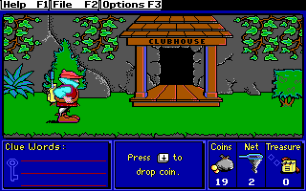 An 8-bit video game still image, showing an adventurer about to enter a clubhouse